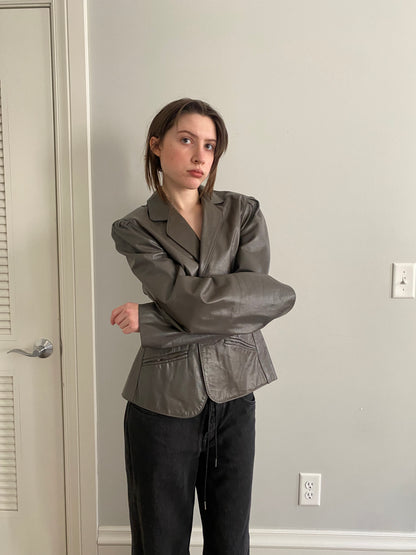 Grey Leather Jacket -S/M
