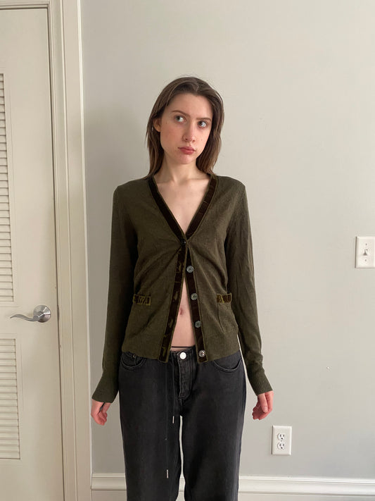 90s green velvet cardigan -XS