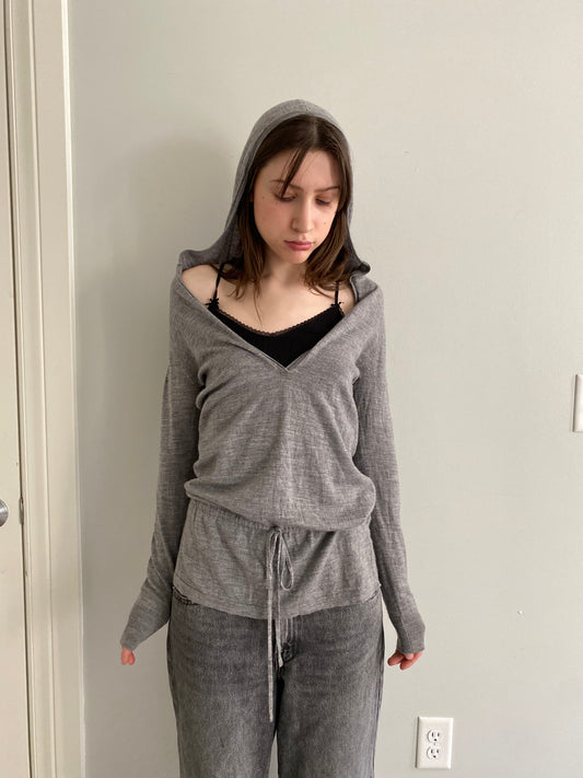 Grey Tie Hooded Sweater -M